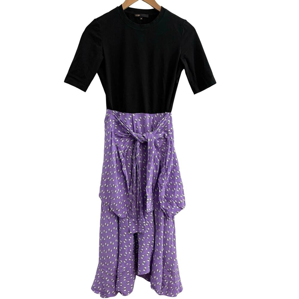 Maje Black & Lilac Printed Midi Dress